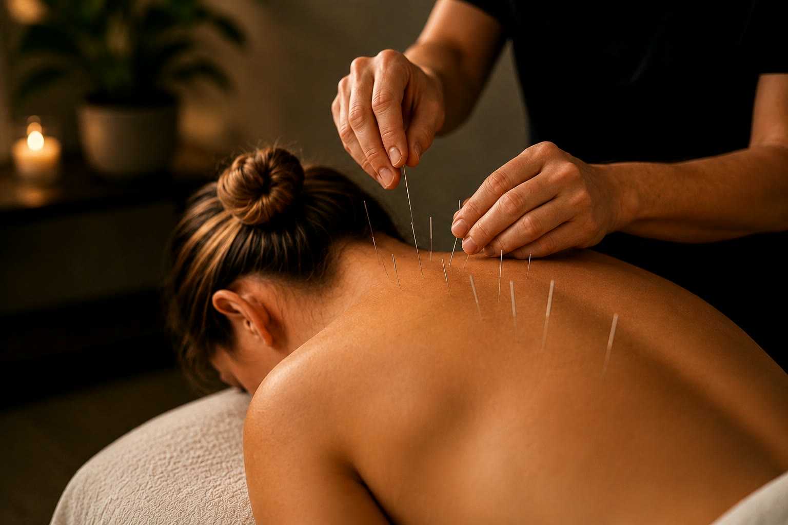 Acupuncturist placing needles along a patient's back and neck