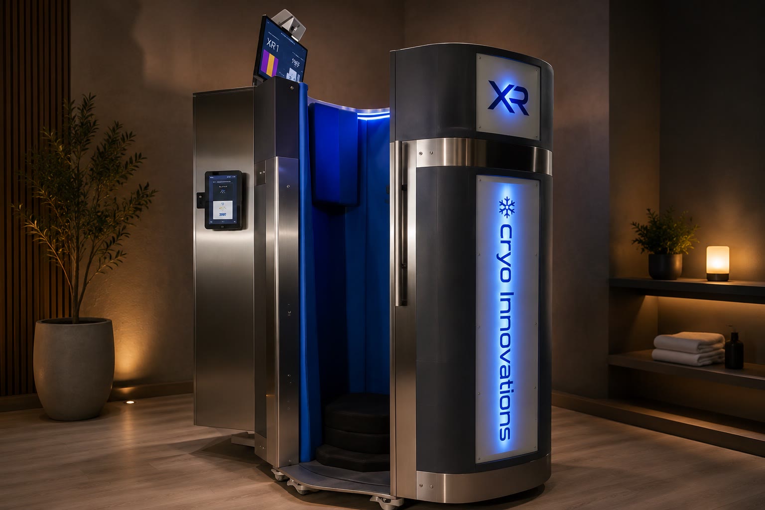 Client in a whole-body cryotherapy chamber