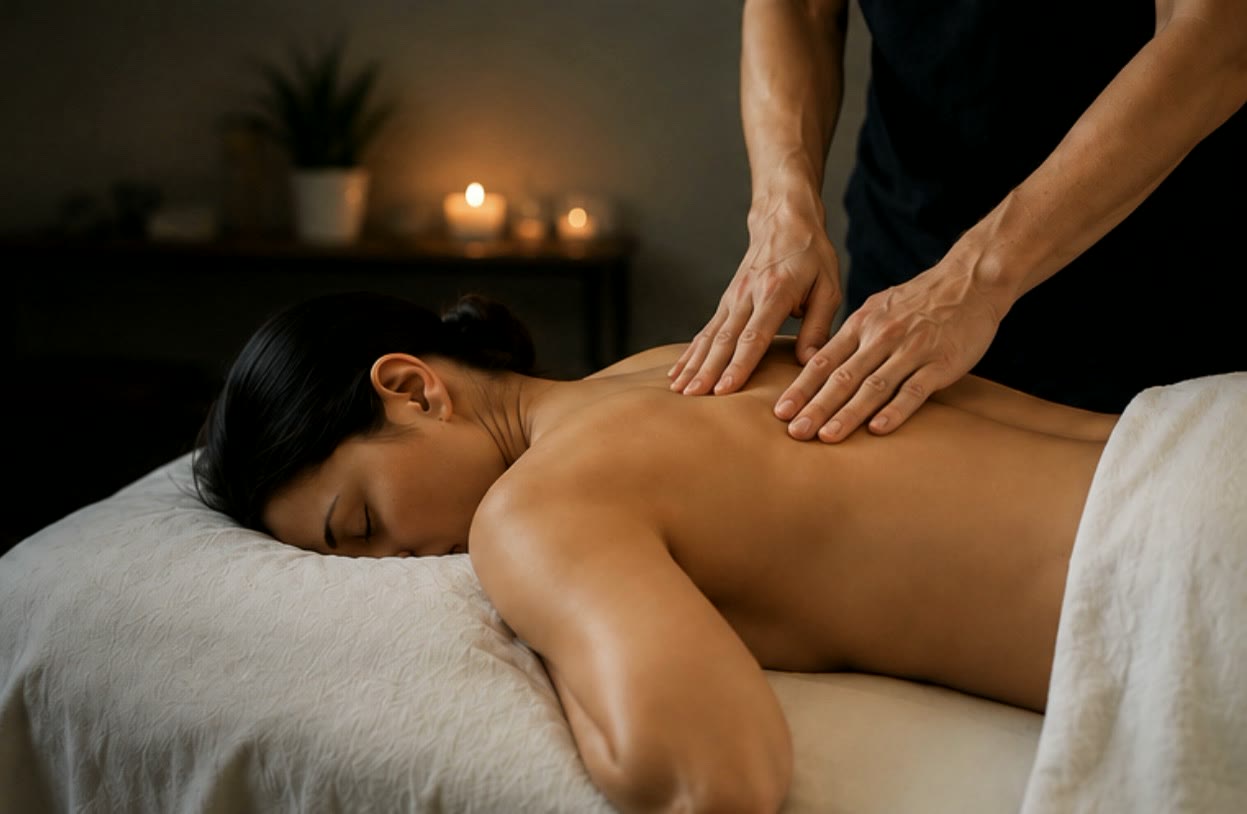 Therapist performing a relaxing back massage